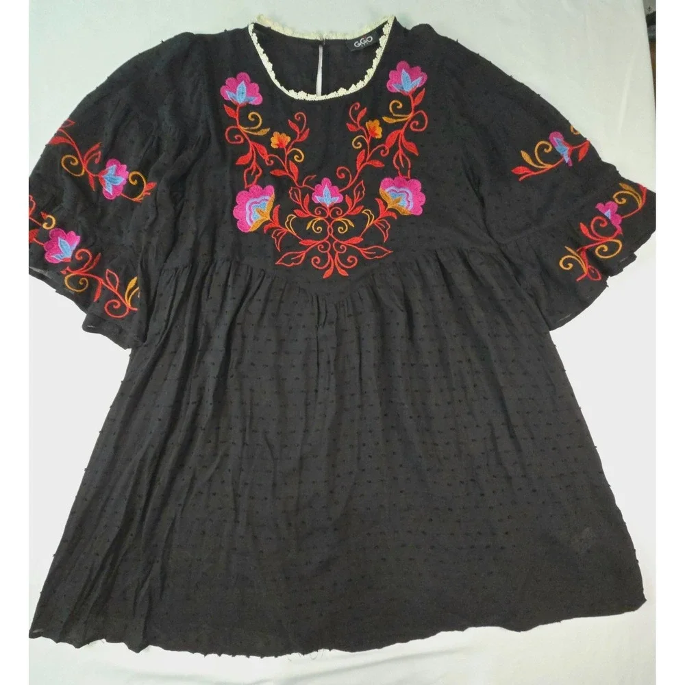 Black Floral Embroidered Babydoll Dress Bell Sz L Basque Waist Bell Sleeve Boho